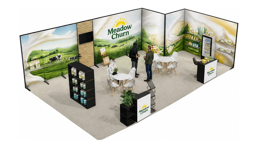 Stoisko 10 × 6 m narożne prawe dla branży nabiał i mleczarstwo, przykładowa marka Meadow Churn