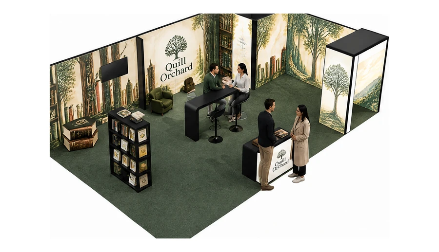 Stoisko 10 × 6 m narożne prawe dla branży wydawnictwa, przykładowa marka Quill Orchard