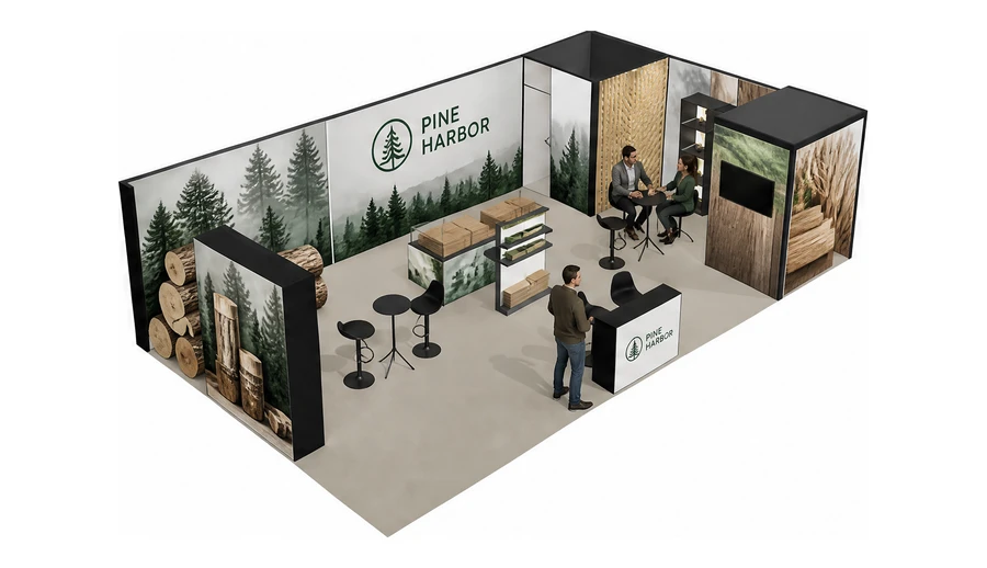Stoisko 10 × 6 m narożne prawe dla branży leśnictwo i przemysł drzewny, przykładowa marka Pine Harbor