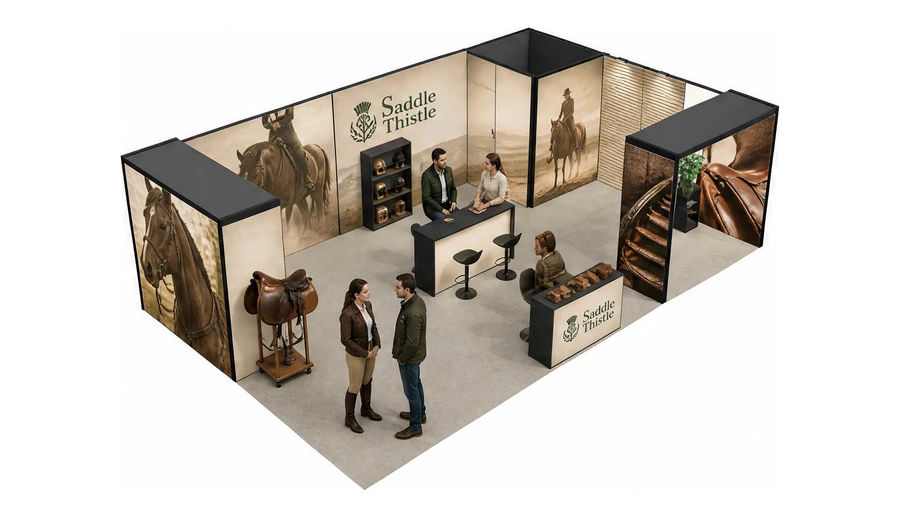 Stoisko 10 × 6 m narożne prawe dla branży jeździectwo, przykładowa marka Saddle Thistle
