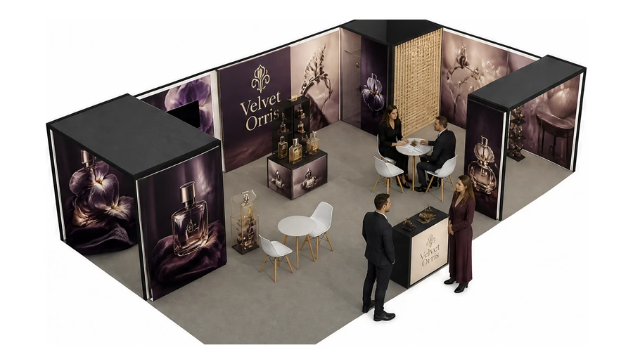 Stoisko 10 × 6 m narożne prawe dla branży perfumy, przykładowa marka Velvet Orris