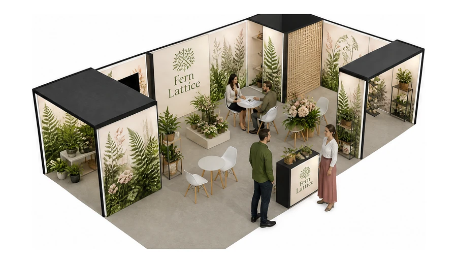 Stoisko 10 × 6 m narożne prawe dla branży rośliny i kwiaciarstwo, przykładowa marka Fern Lattice
