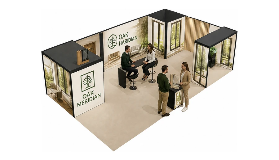 Stoisko 10 × 6 m narożne prawe dla branży okna i drzwi, przykładowa marka Oak Meridian