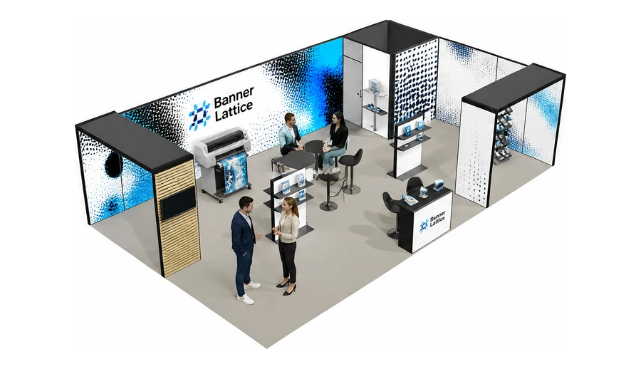 Stoisko 10 × 6 m narożne prawe dla branży reklama i druk, przykładowa marka Banner Lattice