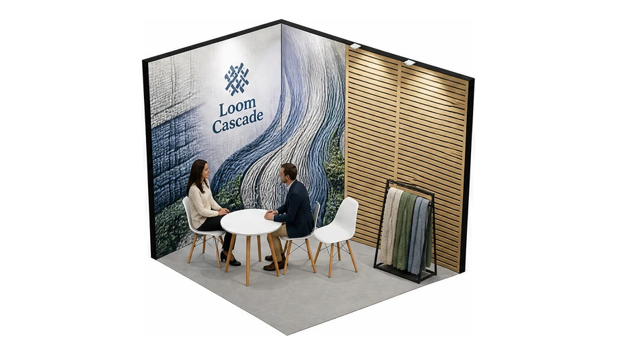 Stoisko 2 × 2 m narożne prawe dla branży tekstylia i tkaniny, przykładowa marka Loom Cascade
