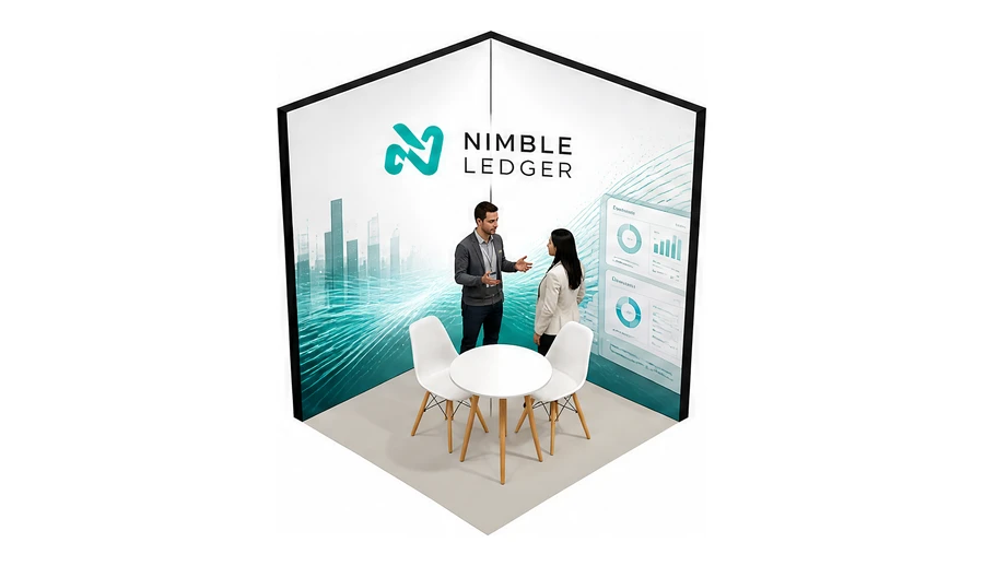 Stoisko 2 × 2 m narożne prawe dla branży oprogramowanie dla firm, przykładowa marka Nimble Ledger