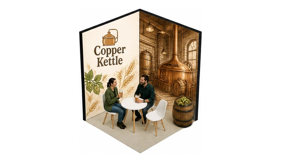 Stoisko 2 × 2 m narożne prawe dla branży browar rzemieślniczy, przykładowa marka Copper Kettle