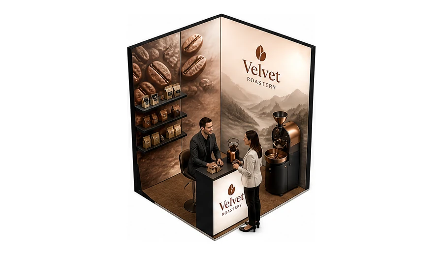 Stoisko 2 × 2 m narożne prawe dla branży palarnia kawy, przykładowa marka Velvet Roastery