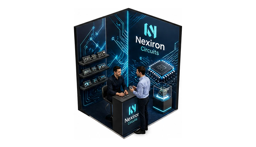 Stoisko 2 × 2 m narożne prawe dla branży komponenty elektroniczne, przykładowa marka Nexiron Circuits
