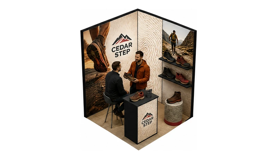 Stoisko 2 × 2 m narożne prawe dla branży obuwie, przykładowa marka Cedar Step