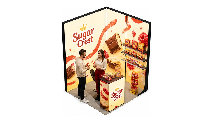 Stoisko 2 × 2 m narożne prawe dla branży słodycze i przekąski, przykładowa marka Sugar Crest
