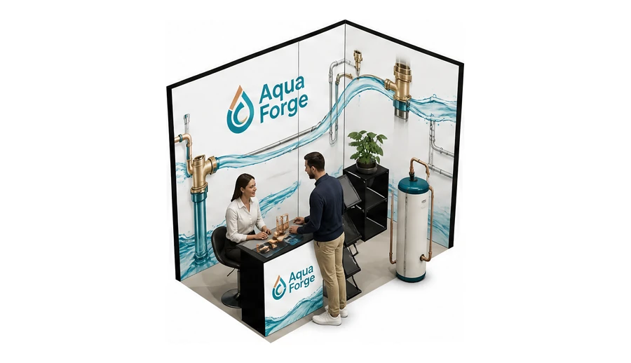Stoisko 3 × 2 m narożne prawe dla branży instalacje wodno-kanalizacyjne, przykładowa marka Aqua Forge