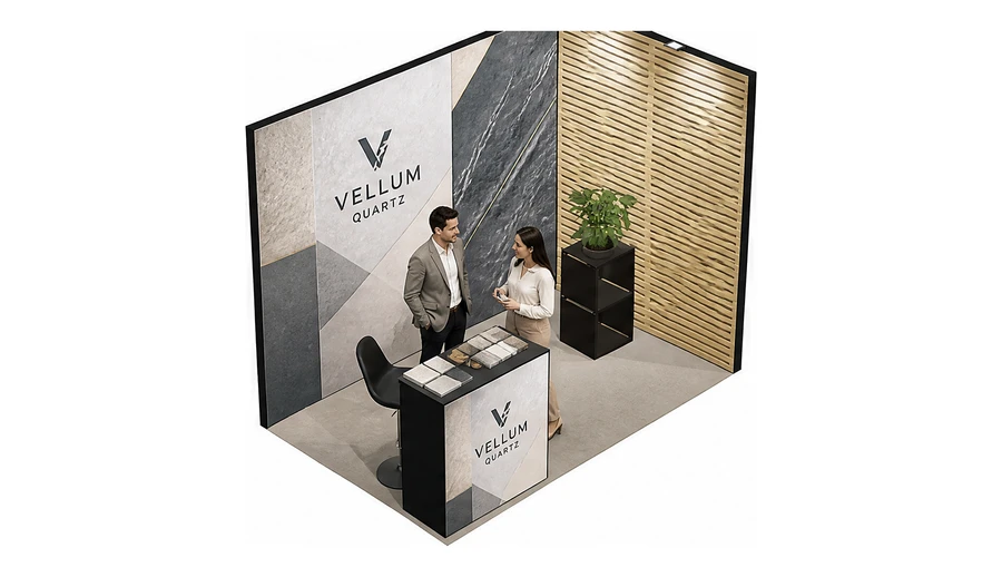 Stoisko 3 × 2 m narożne prawe dla branży wykończenie wnętrz, przykładowa marka Vellum Quartz