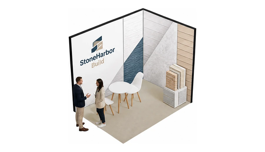 Stoisko 3 × 2 m narożne prawe dla branży materiały budowlane, przykładowa marka StoneHarbor Build