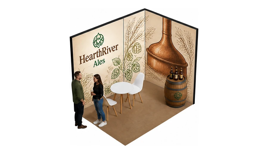 Stoisko 3 × 2 m narożne prawe dla branży browar rzemieślniczy, przykładowa marka HearthRiver Ales