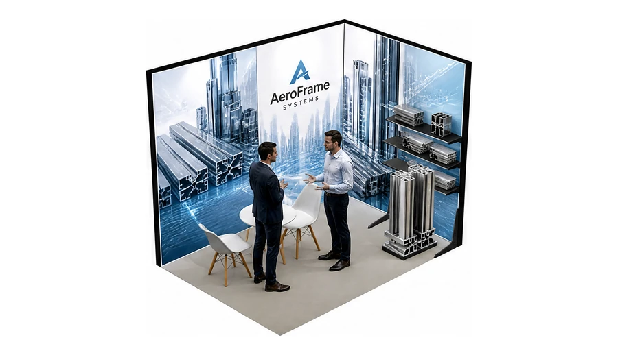 Stoisko 3 × 2 m narożne prawe dla branży profile aluminiowe, przykładowa marka AeroFrame Systems