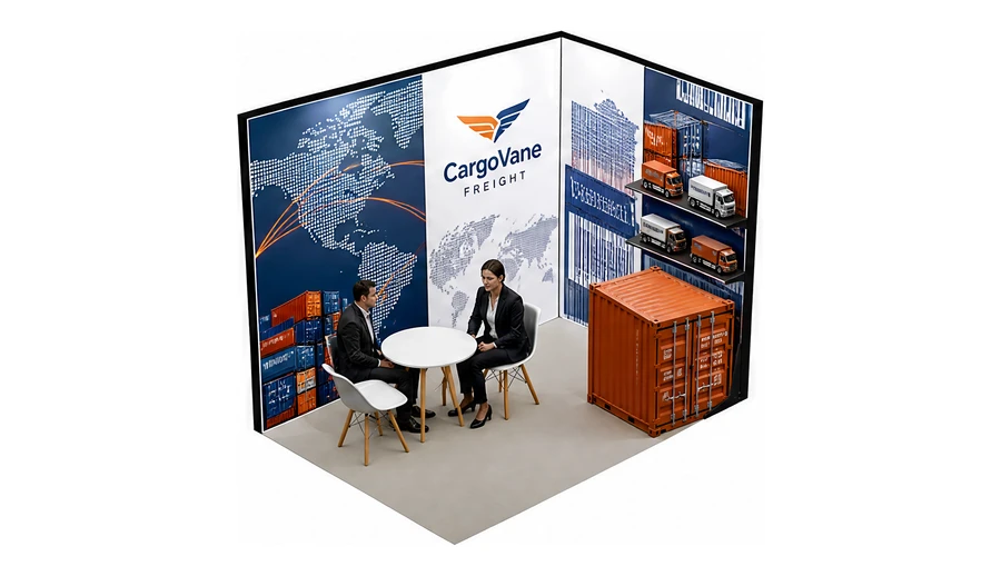 Stoisko 3 × 2 m narożne prawe dla branży logistyka i spedycja, przykładowa marka CargoVane Freight