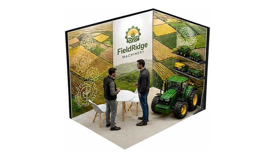 Stoisko 3 × 2 m narożne prawe dla branży maszyny rolnicze, przykładowa marka FieldRidge Machinery