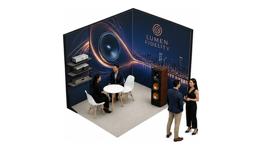 Stoisko 3 × 2 m narożne prawe dla branży sprzęt audio-video, przykładowa marka Lumen Fidelity
