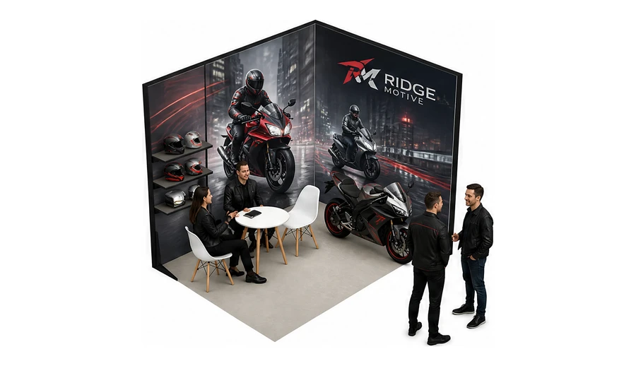 Stoisko 3 × 2 m narożne prawe dla branży motocykle i skutery, przykładowa marka Ridge Motive