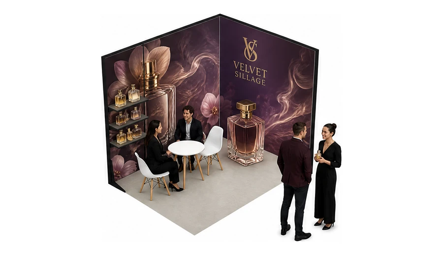 Stoisko 3 × 2 m narożne prawe dla branży perfumy, przykładowa marka Velvet Sillage