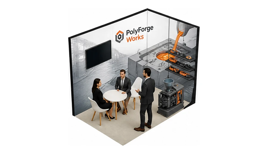 Stoisko 3 × 2 m narożne prawe dla branży przetwórstwo tworzyw, przykładowa marka PolyForge Works