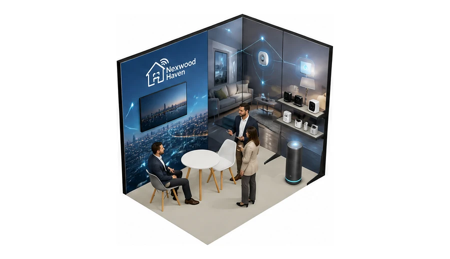 Stoisko 3 × 2 m narożne prawe dla branży smart home i IoT, przykładowa marka Nexwood Haven
