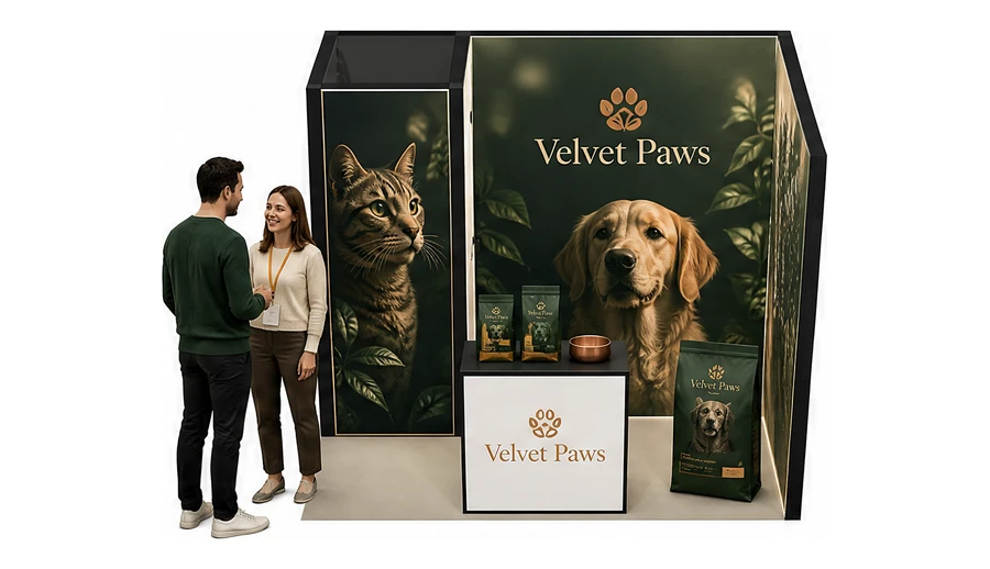 Stoisko 3 × 2 m narożne prawe dla branży karma dla zwierząt, przykładowa marka Velvet Paws