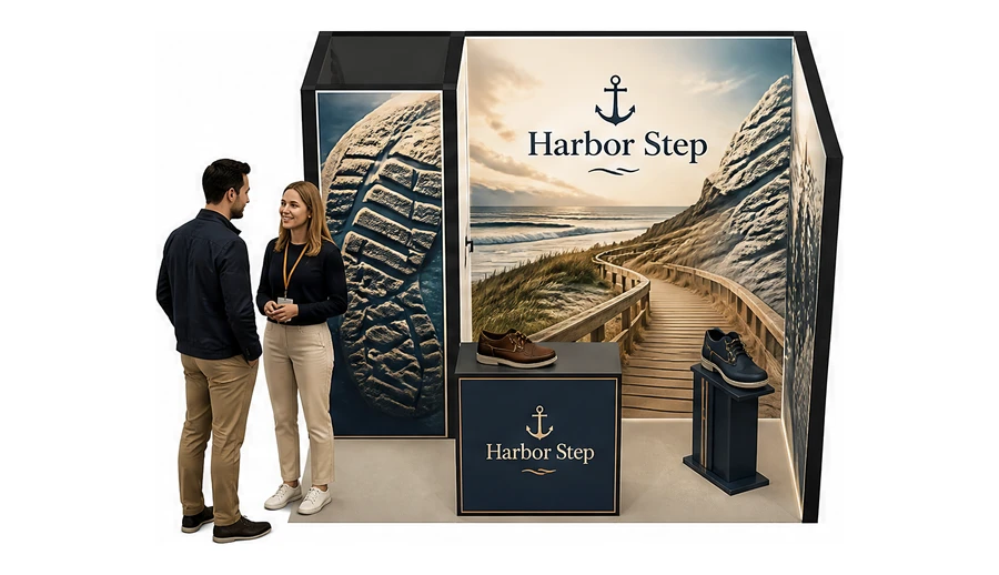 Stoisko 3 × 2 m narożne prawe dla branży obuwie, przykładowa marka Harbor Step