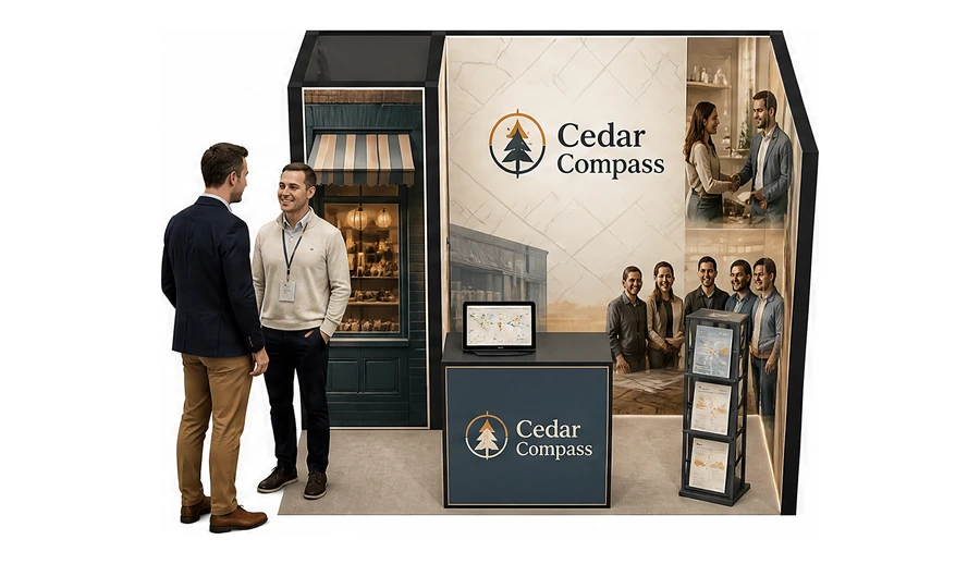 Stoisko 3 × 2 m narożne prawe dla branży franczyza i sieci, przykładowa marka Cedar Compass