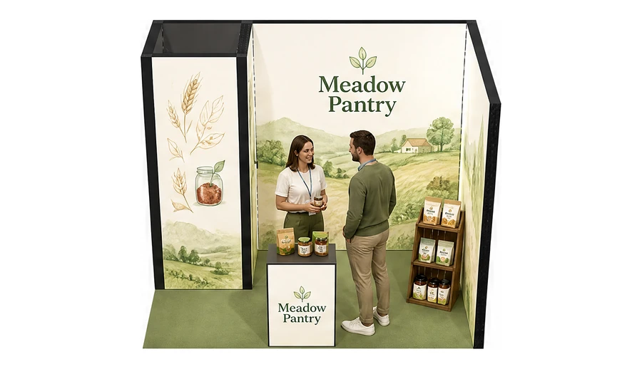 Stoisko 3 × 2 m narożne prawe dla branży żywność ekologiczna, przykładowa marka Meadow Pantry