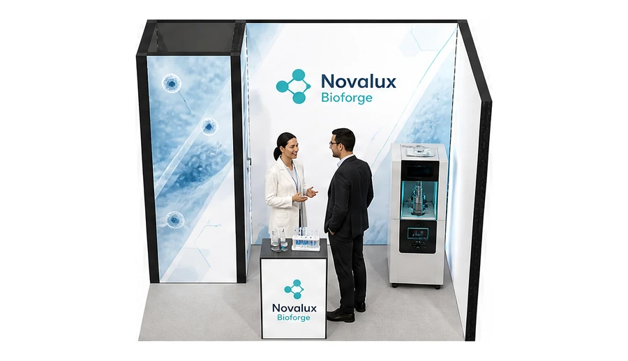 Stoisko 3 × 2 m narożne prawe dla branży farmacja i biotechnologia, przykładowa marka Novalux Bioforge