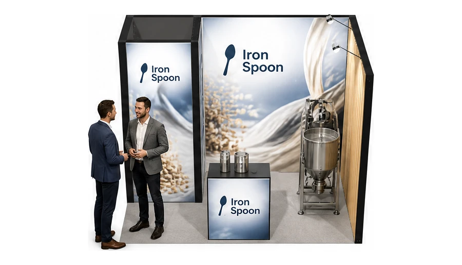 Stoisko 3 × 2 m narożne prawe dla branży technologie spożywcze, przykładowa marka Iron Spoon