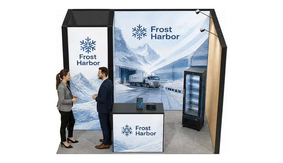 Stoisko 3 × 2 m narożne prawe dla branży łańcuch chłodniczy, przykładowa marka Frost Harbor
