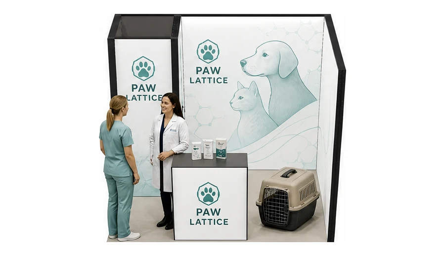 Stoisko 3 × 2 m narożne prawe dla branży weterynaria, przykładowa marka Paw Lattice