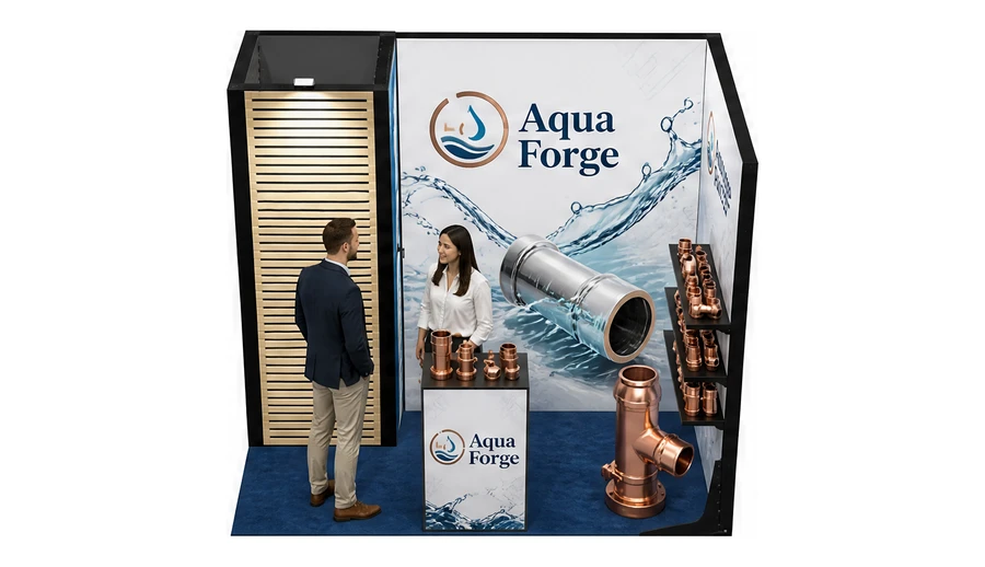 Stoisko 3 × 2 m narożne prawe dla branży instalacje wodno-kanalizacyjne, przykładowa marka Aqua Forge
