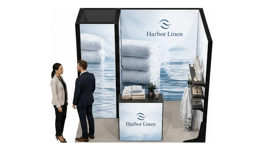 Stoisko 3 × 2 m narożne prawe dla branży wyposażenie hoteli, przykładowa marka Harbor Linen
