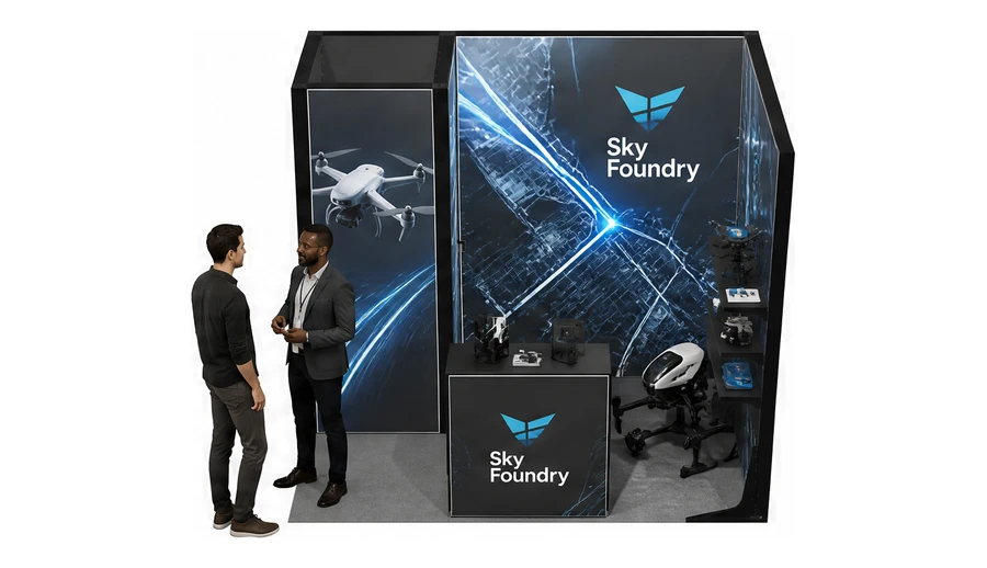 Stoisko 3 × 2 m narożne prawe dla branży drony i robotyka, przykładowa marka Sky Foundry