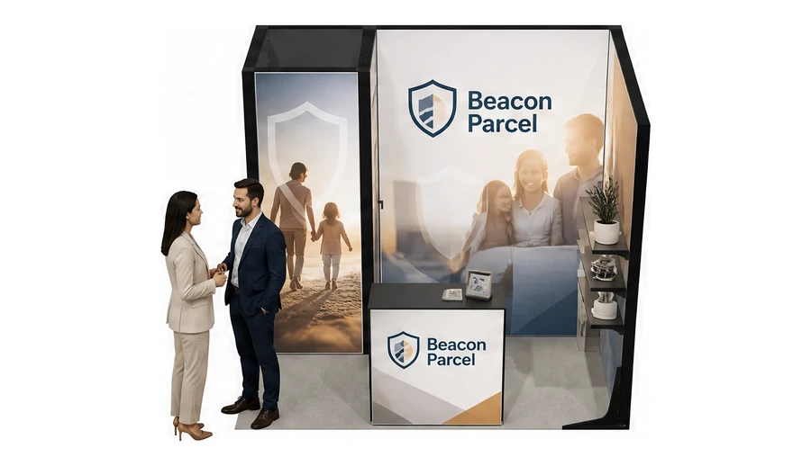Stoisko 3 × 2 m narożne prawe dla branży ubezpieczenia, przykładowa marka Beacon Parcel