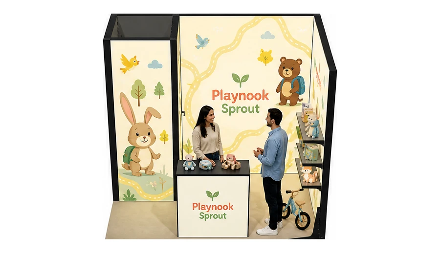 Stoisko 3 × 2 m narożne prawe dla branży zabawki i artykuły dziecięce, przykładowa marka Playnook Sprout
