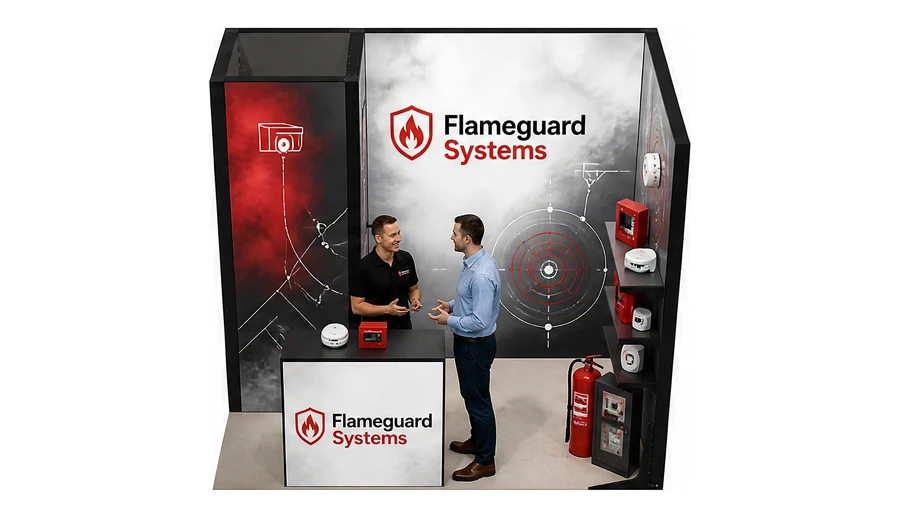 Stoisko 3 × 2 m narożne prawe dla branży ochrona przeciwpożarowa, przykładowa marka Flameguard Systems