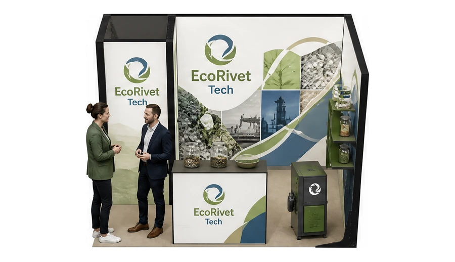 Stoisko 3 × 2 m narożne prawe dla branży recykling i ochrona środowiska, przykładowa marka EcoRivet Tech