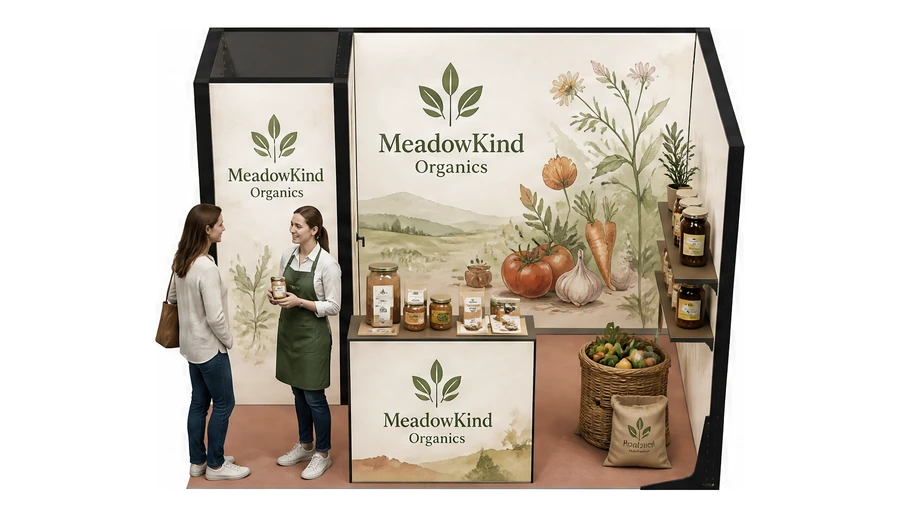 Stoisko 3 × 2 m narożne prawe dla branży żywność ekologiczna, przykładowa marka MeadowKind Organics