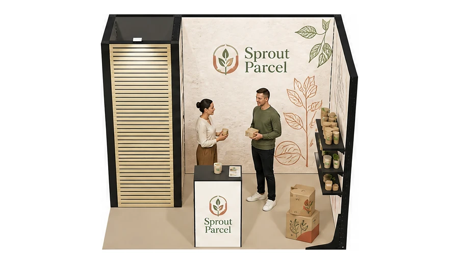 Stoisko 3 × 2 m narożne prawe dla branży opakowania ekologiczne, przykładowa marka Sprout Parcel