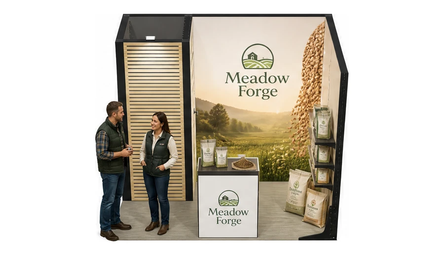 Stoisko 3 × 2 m narożne prawe dla branży hodowla i pasze, przykładowa marka Meadow Forge