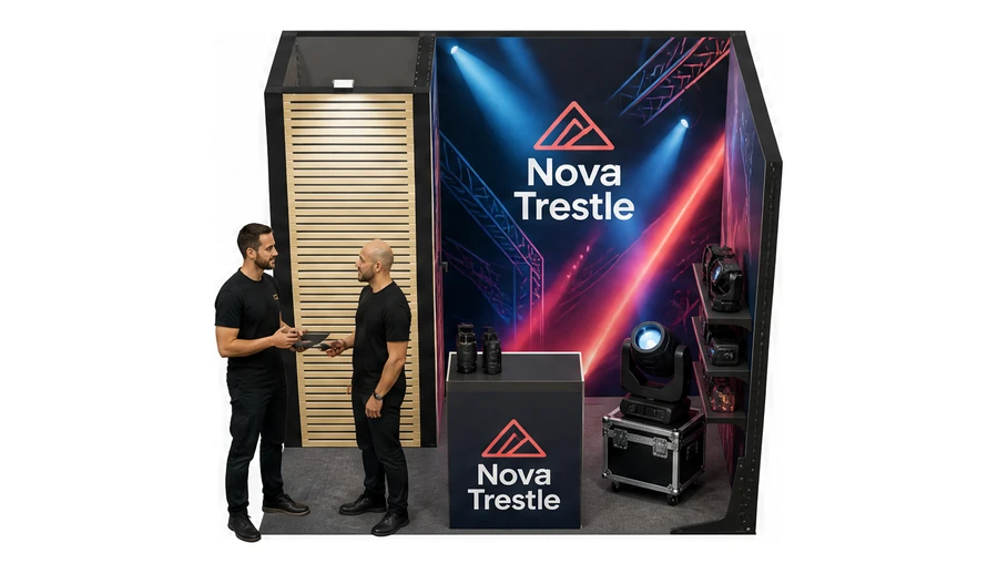 Stoisko 3 × 2 m narożne prawe dla branży branża eventowa, przykładowa marka Nova Trestle