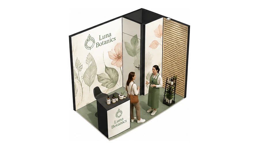 Stoisko 3 × 2 m narożne prawe dla branży kosmetyki naturalne, przykładowa marka Luna Botanics