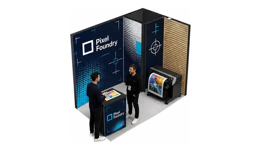 Stoisko 3 × 2 m narożne prawe dla branży reklama i druk, przykładowa marka Pixel Foundry