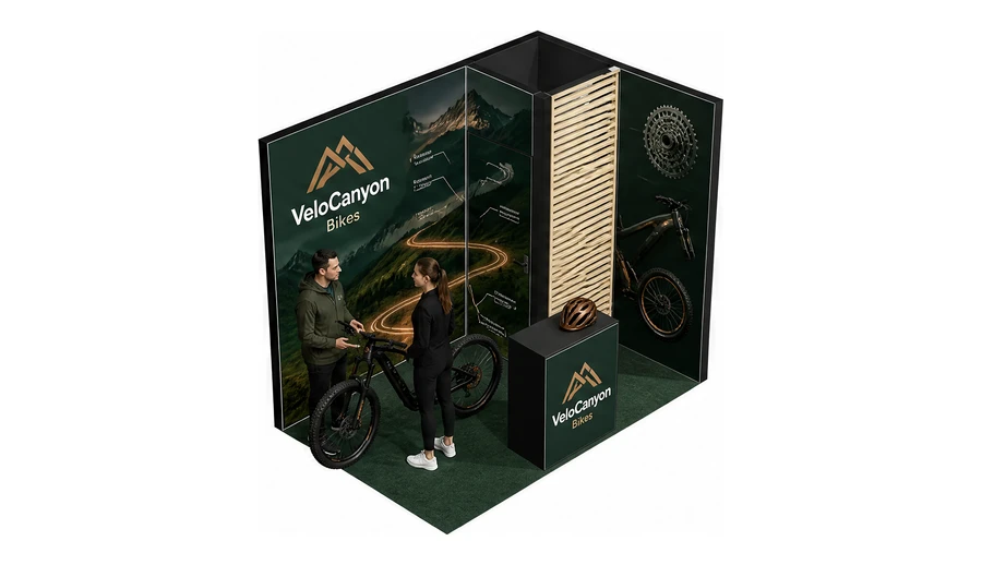 Stoisko 3 × 2 m narożne prawe dla branży rowery elektryczne, przykładowa marka VeloCanyon Bikes