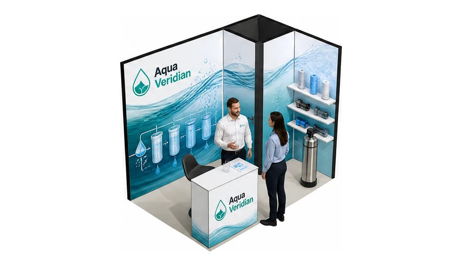 Stoisko 3 × 2 m narożne prawe dla branży technologie wodne, przykładowa marka Aqua Veridian